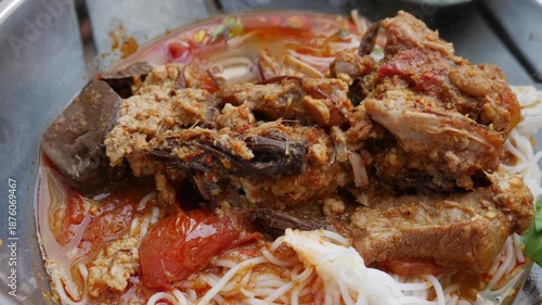 Khanom Jeen Nam Ngiaw Northern Thai Rice Noodles Pork Ribs Spicy Tomato Soup Bowl Street Food
