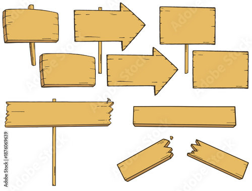 木の看板のイラスト素材セット。