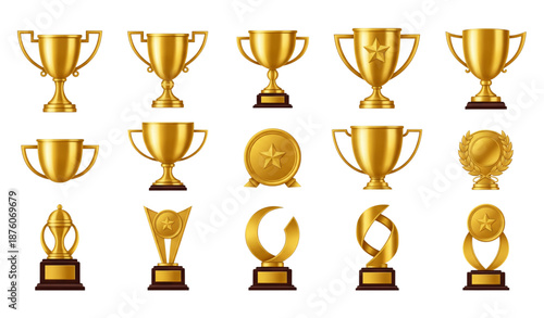 Realistic golden trophy cups and awards flat vector icon set isolated on transparent background