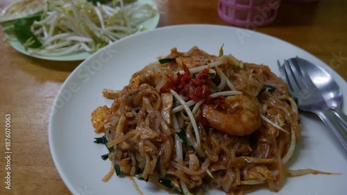 Pad Thai Shrimp Thai Fried Noodles Prawn Stir-fry Street Food White Plate Close-up Detail