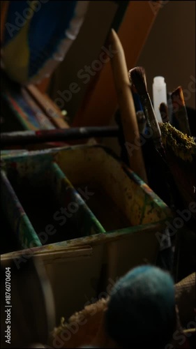 Closeup of Painting Tools Including Brushes Palette Knife and Canvas 