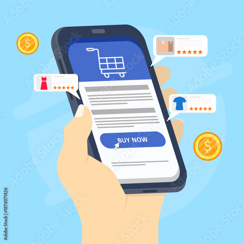 Hand holding smartphone with e-commerce app interface, product ratings, shopping cart, and digital payments. Illustration a modern smartphone shopping experience.