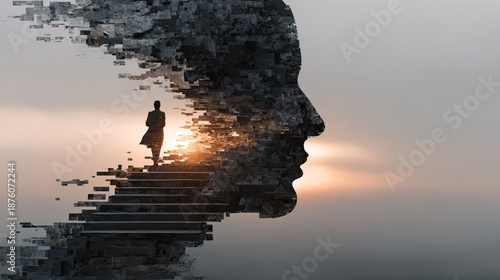 Abstract Surreal Man Silhouette on Stairway To Success Illustration