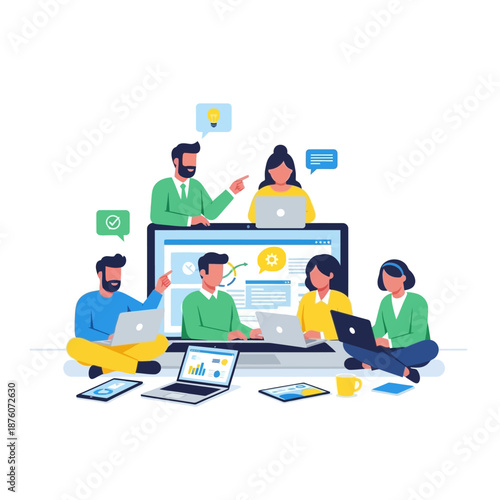 Diverse team collaborating on laptops and tablets, brainstorming ideas for digital strategy