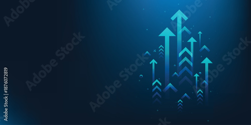 Business growth arrow up digital on gradient dark background. Investment graph technology circuit to success. financial data technology strategy.market chart profit money