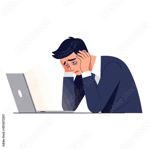 Stressed Businessman Exhausted at Desk with Laptop, Overwhelmed Worker
