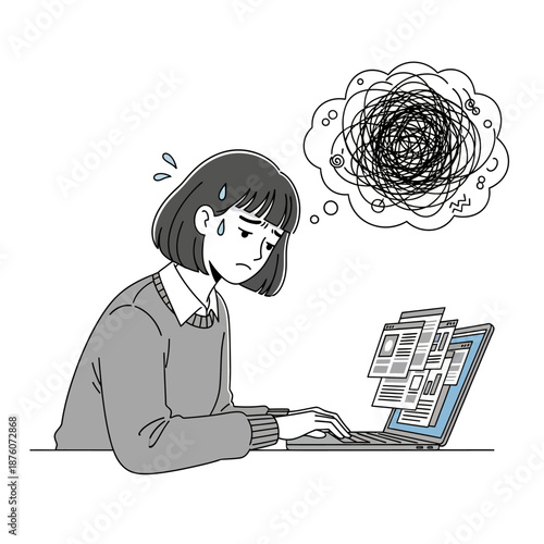 Stressed Woman Overwhelmed by Work and Information Overload on Laptop