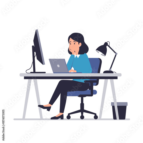 Focused woman working on laptop at desk with computer and lamp
