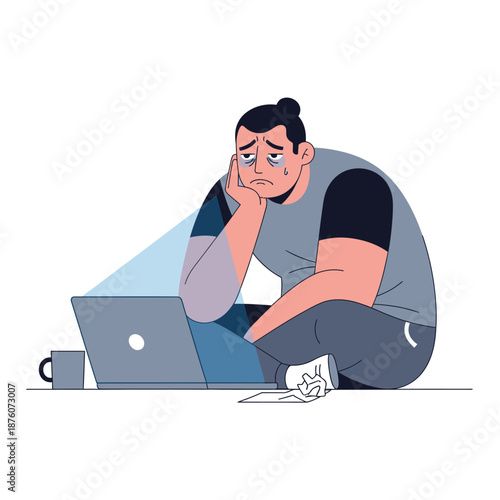 Overwhelmed Man Sitting Floor Exhausted Laptop Screen Gloomy Mood