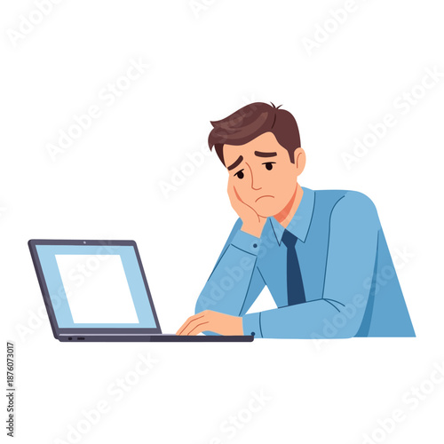 Frustrated Businessman Bored At Laptop Computer, Feeling Tired and Unmotivated