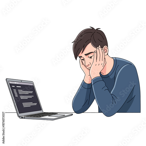 Frustrated Man with Hands on Face Staring at Laptop Screen, Coding Burnout
