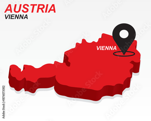 Austria Map Vector, Vienna Capital City Marker on Red 3D Country Shape, Austria Infographic Design, Editable Destination Pointer Austria Geography