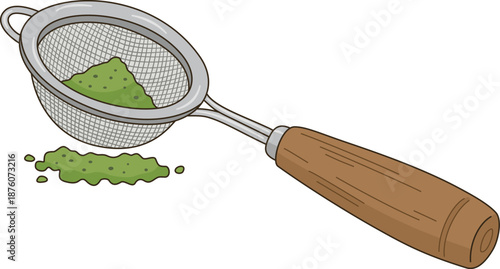 Minimalist Illustration of Matcha Green Tea Powder in a Metal Sifter with Wooden Handle for Cafe and Bakery Decor