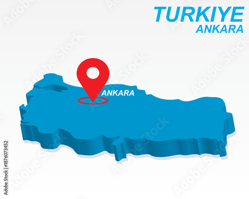 Turkiye Map Vector, Ankara Capital City Marker on Blue 3D Country Shape, Turkiye Infographic Design, Editable Destination Pointer Turkiye Geography