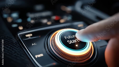 'Future Start' is shown on a digital display as a hand presses a future car's start button. notion of modern technology.