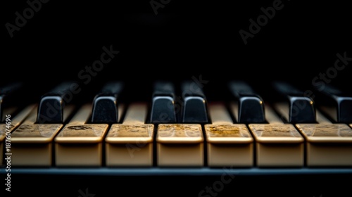 Wallpaper Mural Close-up piano keys, aged ivory, dark background, music, artistry, vintage Torontodigital.ca