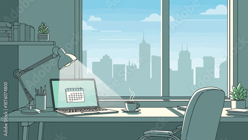 Modern Home Office Workspace with Laptop Displaying Calendar Beside Window View of City Skyline and Desk Lamp Creating Atmosphere