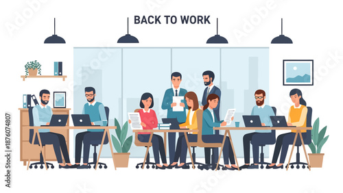 Diverse business professionals collaborating effectively in a modern open plan office environment returning to workplace activities after a break