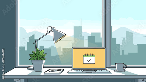 Modern Workspace with Laptop Displaying Calendar and Desk Lamp Ready for Productive Day with City View