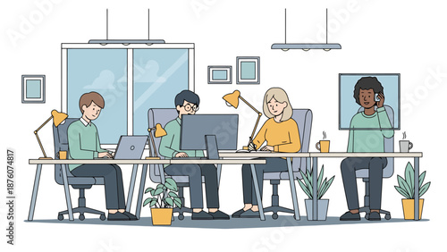 Diverse team collaborating in modern office environment with digital communication for remote work and business strategy development activities