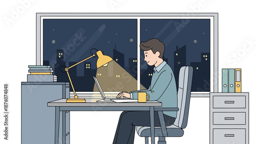 Man working late on laptop at desk by window with city lights at night illuminated by desk lamp for study or freelance profession