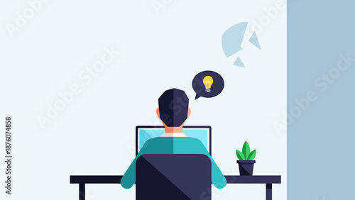 Person sitting at a desk working on a laptop with a lightbulb icon representing an idea in a thought bubble above their head concept