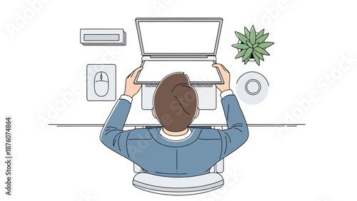 Overhead view of person s hands opening a laptop on a modern desk with office supplies and potted plant