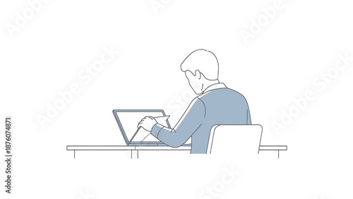 Business Professional Working on Digital Device in Minimalist Office Setting with Clean Background