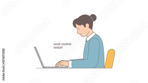 Young woman focused on typing on laptop computer keyboard at desk with chair in simple clean background for remote digital work or study