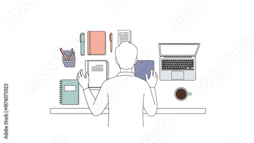 Person sitting at a desk with laptop notebook and coffee preparing for work or study on a clear white background