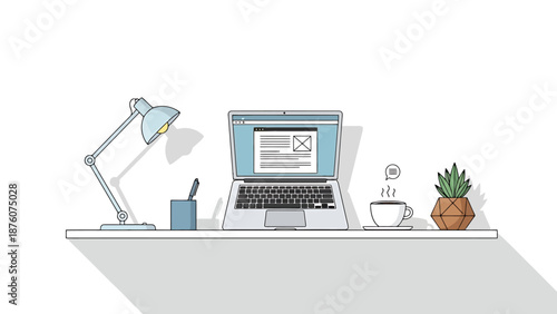 Modern Desk Setup With Laptop Lamp Coffee Cup And Plant For Remote Work And Office Productivity