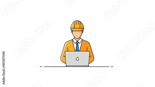 Professional construction worker wearing helmet and tie using a laptop computer for planning and design in an office setting with a clean white