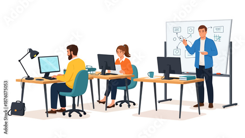 Modern Office Environment With Diverse Employees Working On Computers While Instructor Explains Strategy On Whiteboard