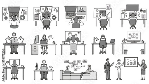 Diverse Office Scenes Showing People Working and Collaborating at Desks and in Meetings Diverse Office Scenes Showing People Working and