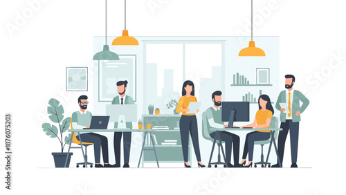 Modern Office Team Collaborating On Projects While Working At Desks With Computers And Laptops Diverse People In Professional Attire United In