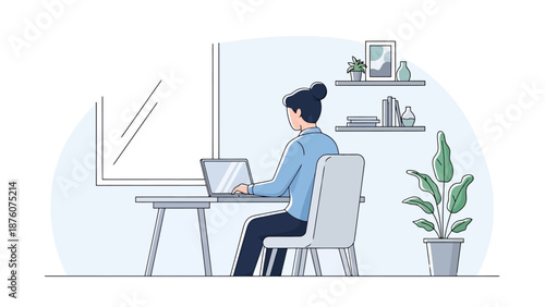 Young woman types on a laptop computer at a desk next to a window with a plant in a brightly lit home office scene showcasing modern work environment