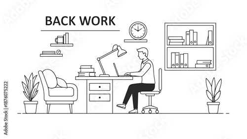 Man working remotely on laptop at desk office setting with bookshelf chair and plants outline style drawing for business and education concepts