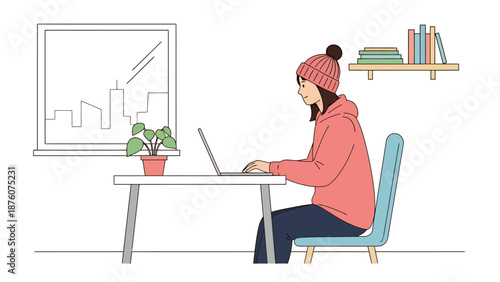 Young person wearing a knitted hat works on a laptop at a desk in a bright room during winter season with city skyline visible through window