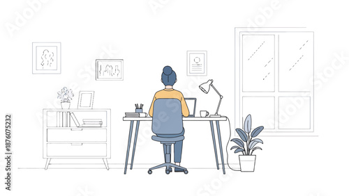 Person works on laptop computer at home office desk by window with plant and lamp creating a productive remote work environment for study or business