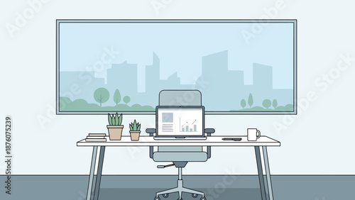 Modern Office Workspace with Cityscape View From Window Showing Laptop Desk Chair Plants and Coffee Mug Ready for Business Productivity