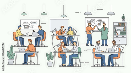 Diverse Team Collaborating on Projects in a Modern Open Office Workspace Environment with Laptops and Whiteboards Showing Ideas