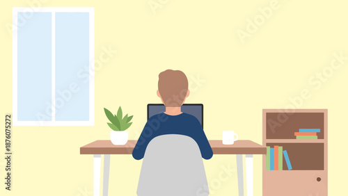 One Person Working From Home At A Desk With Laptop And Bookshelf View From Behind In Bright Room