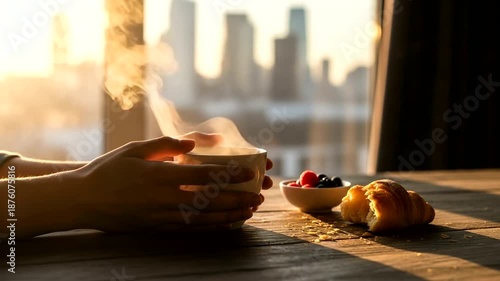 Hands Holding Cup with Pastry Nearby.