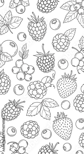 Detailed Berry Line Art: Coloring Page Pattern.