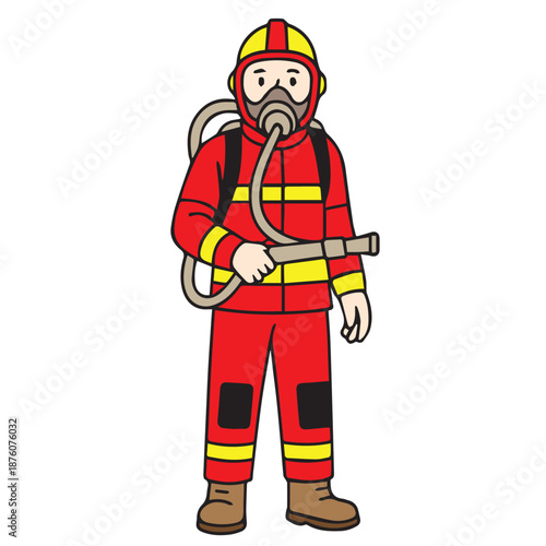 Dynamic vector art of a firefighter wearing an oxygen mask and gripping a water spray hose, expressing heroism, safety, emergency service, and strength during intense fire rescue operations.