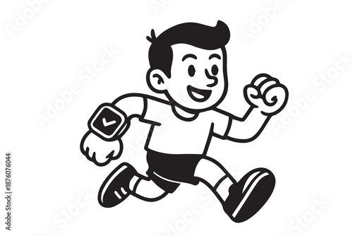 Adorable cartoon vector featuring a little boy running with a smart watch on his wrist, expressing active lifestyle, fitness, fun movement, modern tech, and joyful youthful energy.