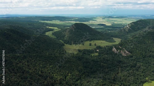 Southern Ural: view of Buzha-Tau mountain from the Gumerov gorge. Aerial view.