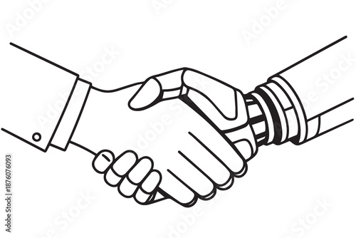 Vector illustration of a human hand and a robot hand shaking hands, symbolizing cooperation, trust, innovation, and harmony between humanity and advanced technology in a modern future.
