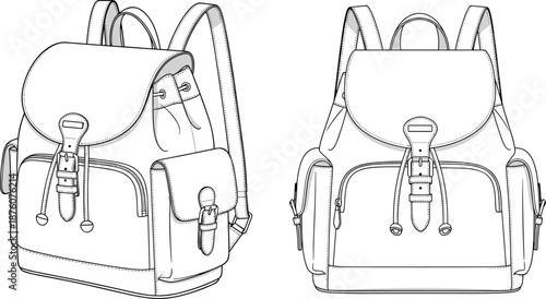 Backpack technical drawing, rucksack flat sketch, front and perspective view, fashion vector illustration, school bag design template, casual accessory mockup, isolated on white background.