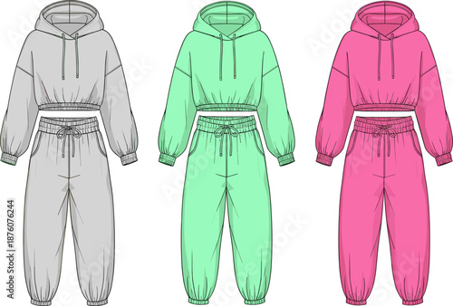 Women's tracksuit set technical drawing, cropped hoodie and jogger pants flat sketch, three color variants, fashion vector illustration, loungewear design template, isolated on white background.
